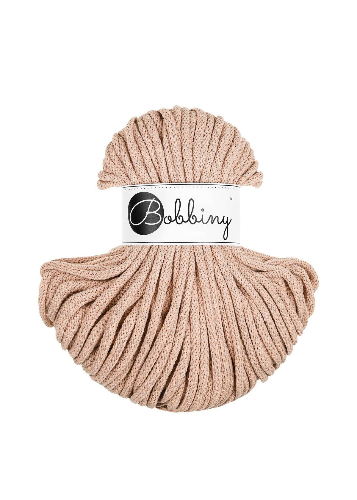 Bobbiny braided cotton cord, 5mm and 100m, in biscuit