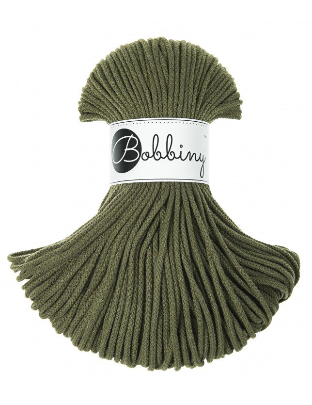 Bobbiny junior braided cotton cord, 3mm and 100m, in avocado green