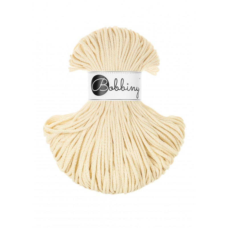 Bobbiny junior braided cotton cord, 3mm and 100m, in butter yellow