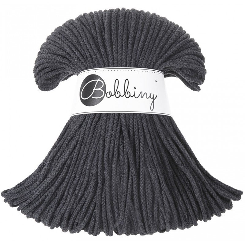 Bobbiny junior braided cotton cord, 3mm and 100m, in charcoal
