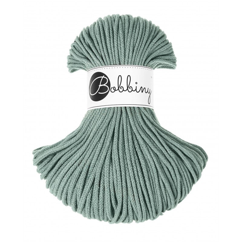 Bobbiny junior braided cotton cord, 3mm and 100m, in laurel green