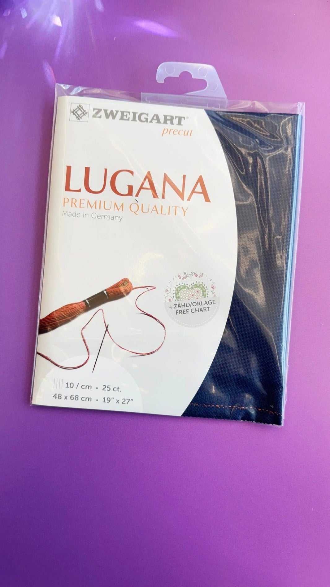 Zweigart Lugana cross-stitch fabric in dark blue, 3835/101