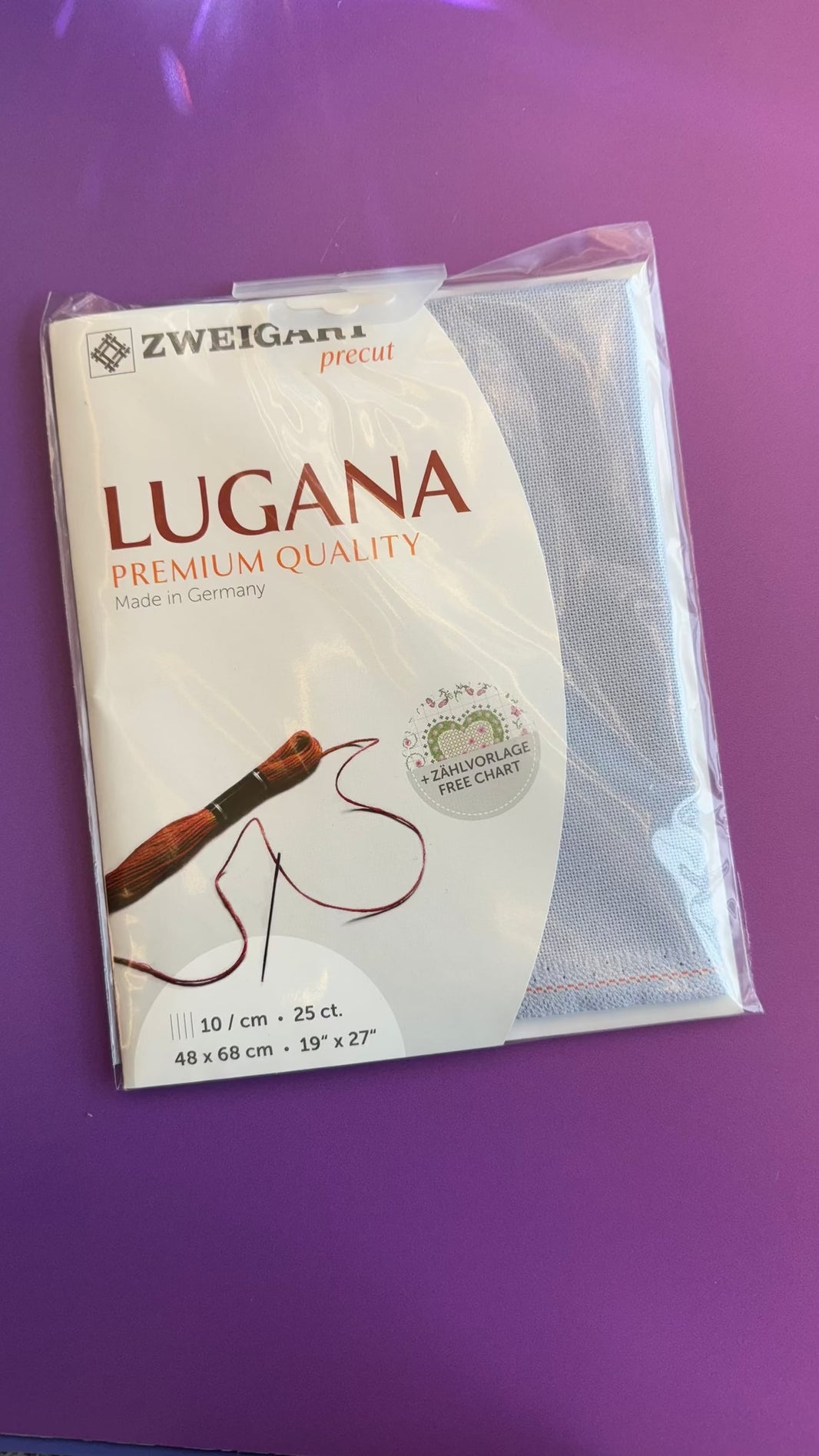 Zweigart Lugana cross-stitch fabric in sky blue, 3835/501
