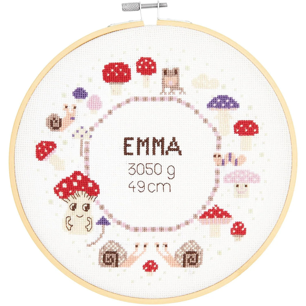 Cross-stitch embroidery kit 'Birth Picture Mushroom', 20cm by Rico Design