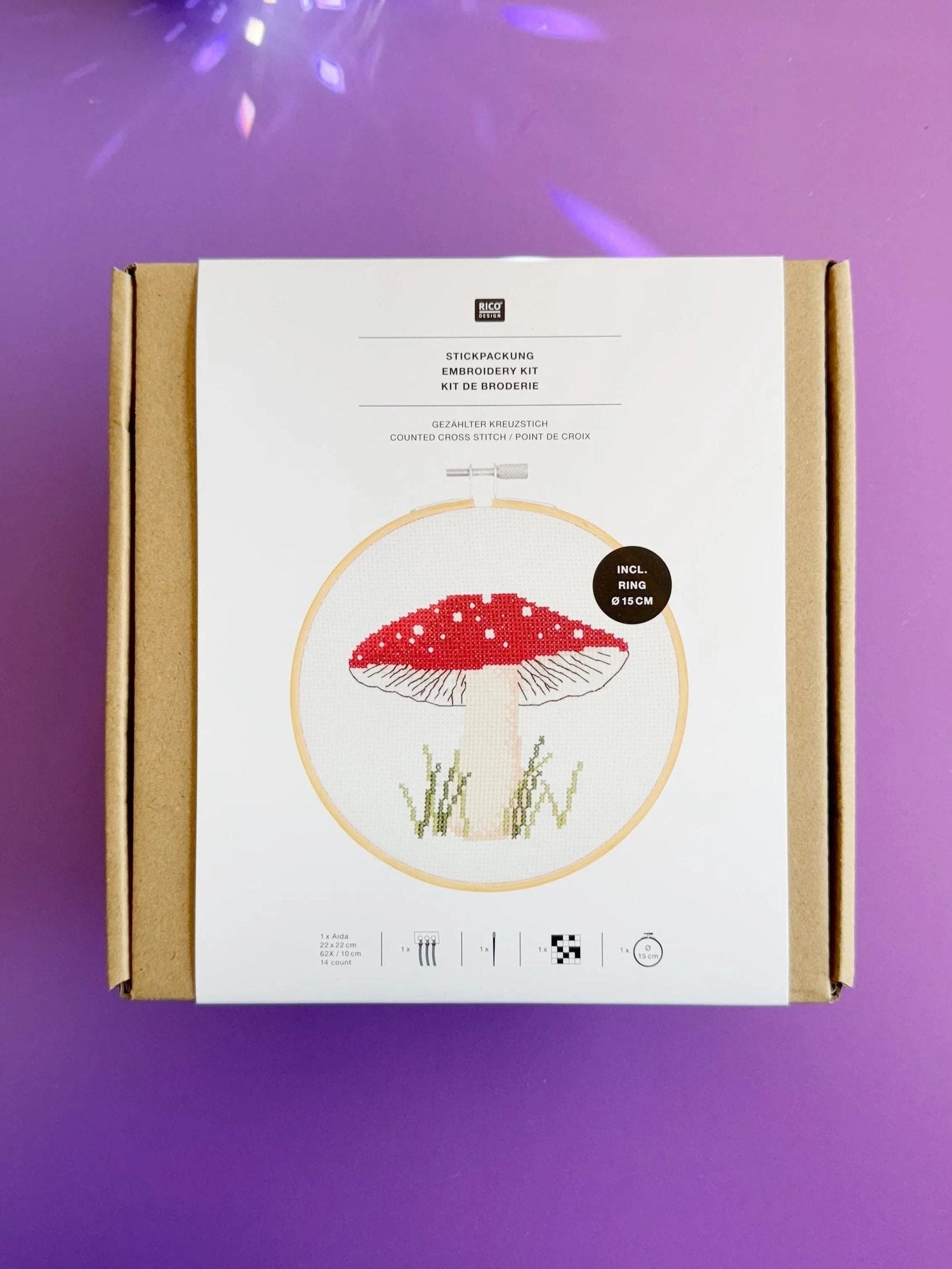 Cross-stitch embroidery kit 'Mushroom', 15cm by Rico Design