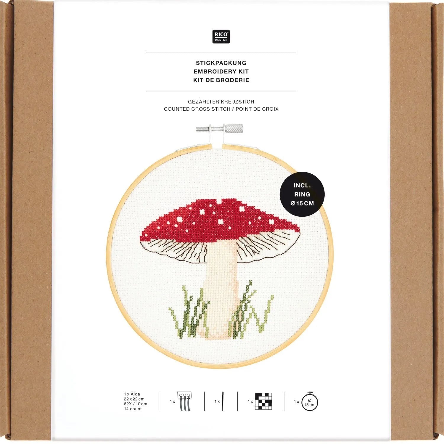 Cross-stitch embroidery kit 'Mushroom', 15cm by Rico Design