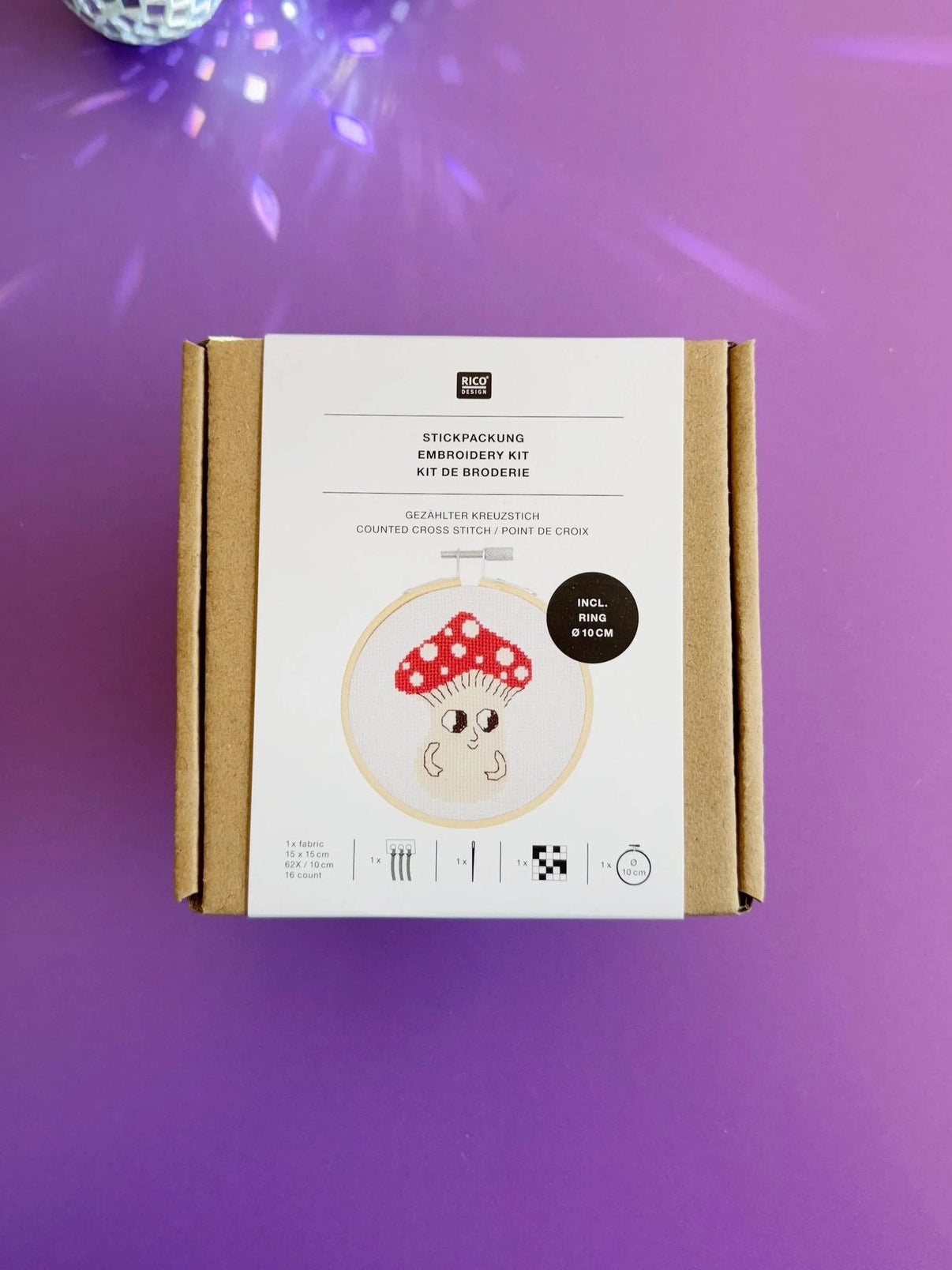 Cross-stitch embroidery kit 'Small Mushroom', 10cm by Rico Design