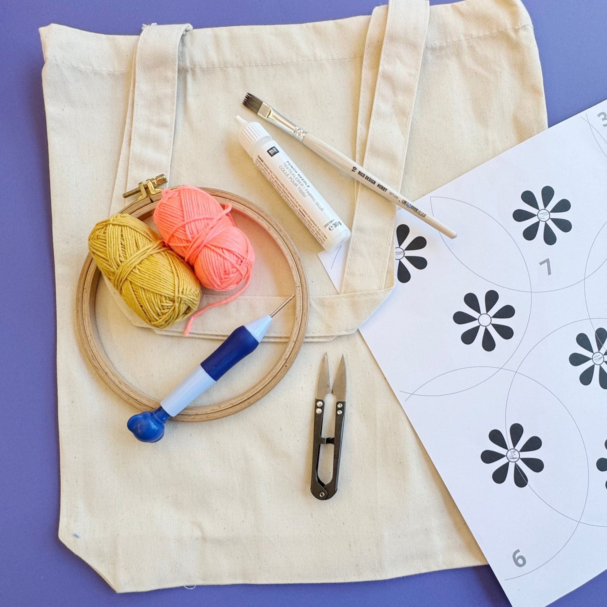 Punch needle kit for a floral bag, components laid out