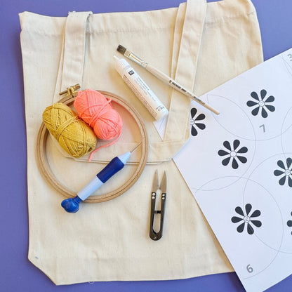Punch needle kit for a floral bag, components laid out