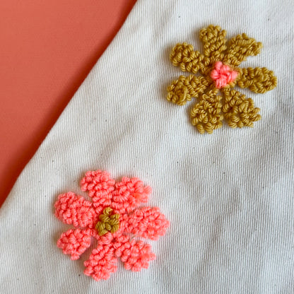 Punch needle floral bag kit, close-up of yarn colours