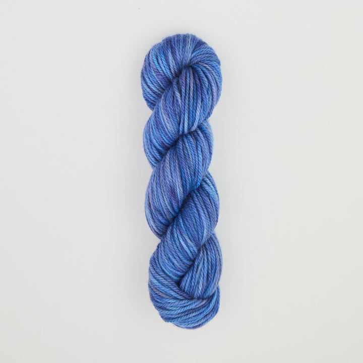 Fine punch needle yarn swatch in Blue My Mind variegated colours
