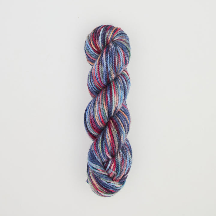 Fine punch needle yarn swatch in Blue Suede variegated colours