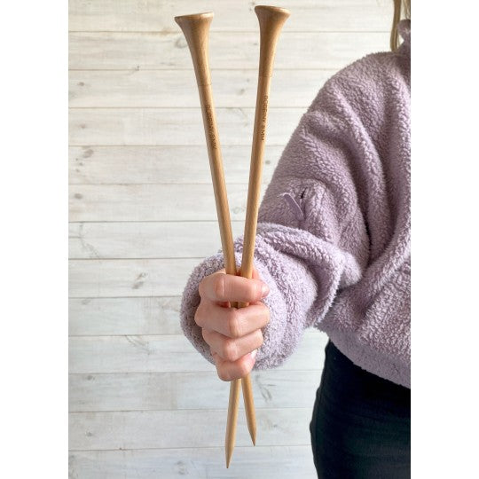Beech wood knitting needles, close-up of the tips