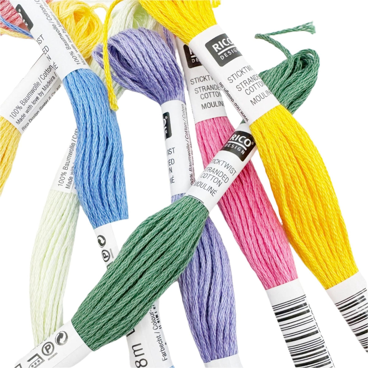 Stranded cotton embroidery floss arranged by colour